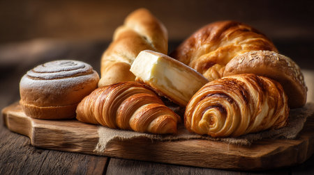 Fresh Artisan Bakery Delights: A Tempting Still Life on Rustic Woodの素材