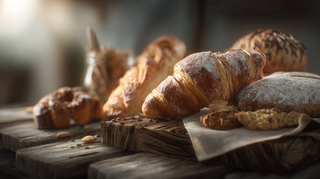 Delicious Assortment of Freshly Baked Bread and Pastries Still Lifeの素材