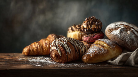 Delicious Variety of Baked Goods Displayed on Wooden Surface, Ready for Tastingの素材
