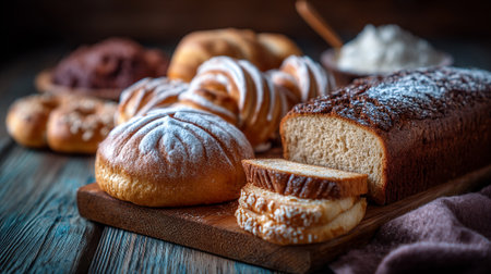 Freshly Baked Breads and Rolls Displayed on a Rustic Wooden Boardの素材