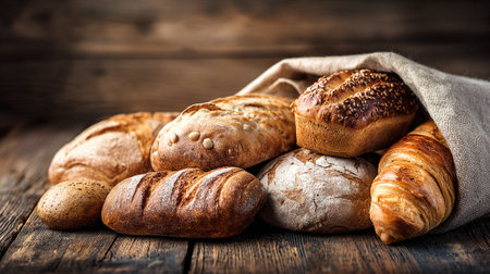 Rustic Bread Assortment Displayed on Weathered Wooden Surface with Linen Coveringの素材