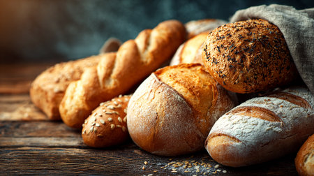 Freshly Baked Breads Displayed on Rustic Wooden Surface for a Tempting Still Lifeの素材