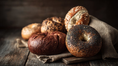 Delicious Artisan Bread Still Life On Rustic Wooden Table Surfaceの素材