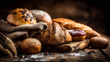 Delicious and Freshly Baked Artisan Breads on Rustic Wooden Surfaceの素材