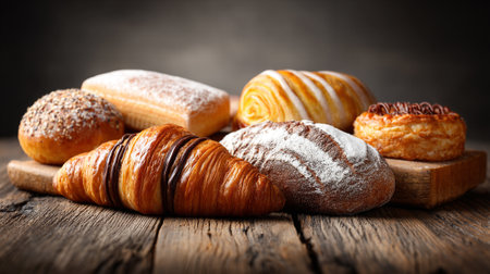 Delicious bakery assortment with pastries and bread ready for breakfast time enjoymentの素材