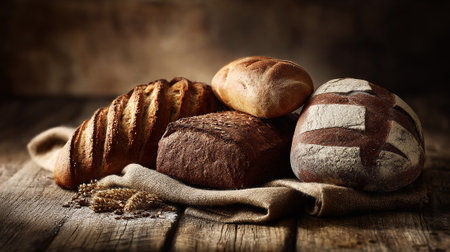 Rustic Still Life of Freshly Baked Bread on a Burlap Sackの素材