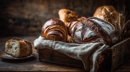Artisanal Bread Collection: Rustic Breads and Pastries Still Life in Rustic Styleの素材