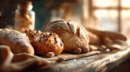 Fresh Artisan Bread Displayed Beautifully on a Rustic Wooden Surfaceの素材