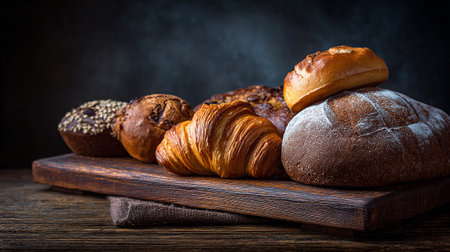 Artisan Bread and Pastries Arranged on a Rustic Wooden Board for Displayの素材