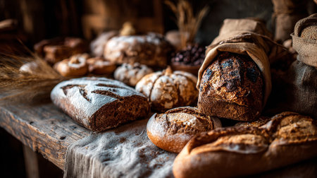 Rustic Sourdough Bread Display on Wooden Table, Freshly Baked and Rustic Presentationの素材