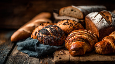 Freshly Baked Bread Assortment on Rustic Wooden Surface for Food Photographyの素材