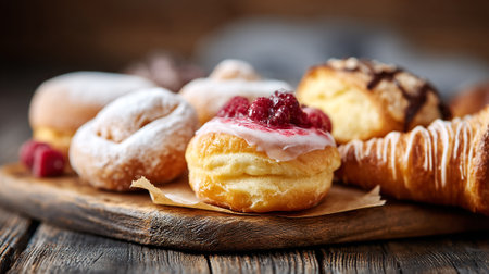 Sweet Delights: A Collection of Delicious Pastries on a Rustic Wooden Boardの素材