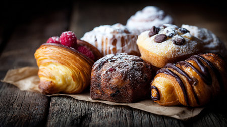 Tempting assortment of freshly baked pastries, offering a visually delicious experience.の素材