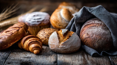 Fresh Baked Bread Assortment Displayed on Rustic Wooden Surface with Clothの素材
