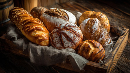 An Assortment of Rustic Breads in a Wooden Crateの素材