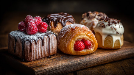 Delicious assorted pastries with various toppings presented on a rustic wooden boardの素材
