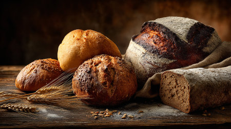Rustic Artisan Bread Still Life: Fresh Baked Goods on Wooden Surfaceの素材