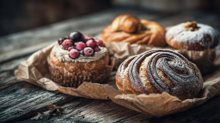 Delectable pastries assortment on rustic wooden background, a sweet indulgence for the sensesの素材