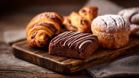 Delightful Assortment of Fresh Baked Pastries on a Rustic Wooden Boardの素材
