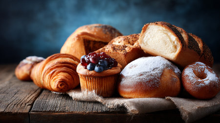 An Elegant Selection of Delicious Baked Goods on a Rustic Wooden Surfaceの素材