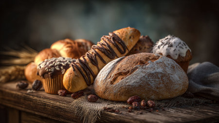 An array of baked goods presented on a rustic wooden surfaceの素材