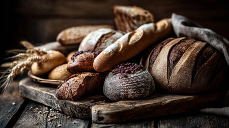 Freshly baked artisan breads on rustic wooden board, a culinary delightの素材