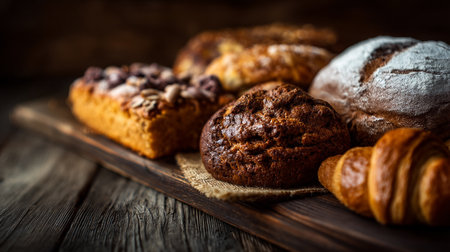 Delicious Rustic Bread Assortment on Wooden Board, Perfect for Food Photographyの素材