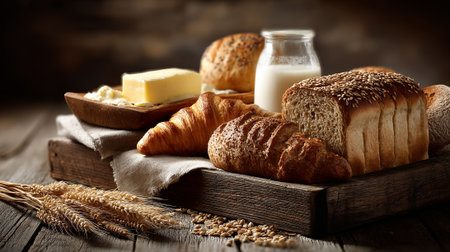 Rustic Breakfast Still Life Featuring Bread, Croissant, Milk and Butterの素材