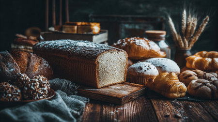 Freshly Baked Breads and Pastries with Sugary Toppings on a Rustic Wooden Tableの素材