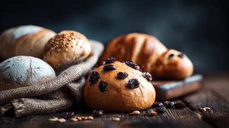 Rustic Charm: An Assortment of Breads Displayed on a Dark Wooden Surfaceの素材
