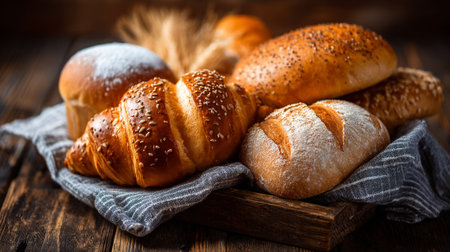 An Appealing Still Life of Breads on a Wooden Board with Rustic Charmの素材