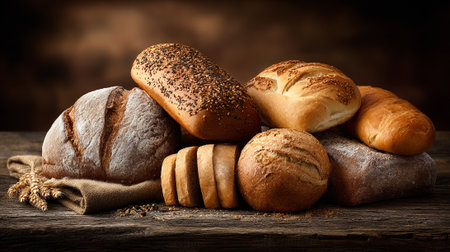Rustic Bread Assortment Displayed on a Wooden Surface, a Bakery Still Lifeの素材