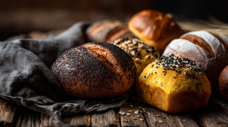 Freshly baked bread assortment displayed on rustic wooden surface with linen clothの素材