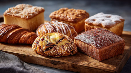 Delicious Assortment of Freshly Baked Pastries on Rustic Wooden Boardの素材