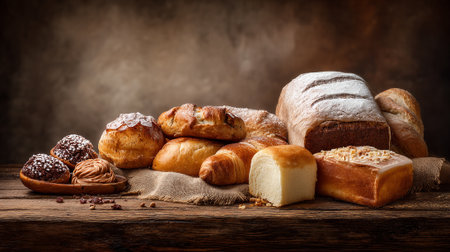 Freshly Baked Assortment of Breads and Pastries on a Rustic Wooden Surfaceの素材