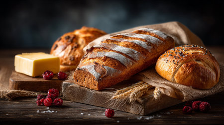 Artisan Bread and Butter Still Life on Wooden Surface with Fresh Raspberriesの素材