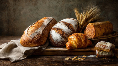 Artisan baked goods with sourdough bread, croissant, and wheat, perfect bakery still lifeの素材