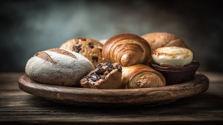 Exquisite Variety of Fresh Baked Goods Displayed in a Rustic Wooden Bowlの素材
