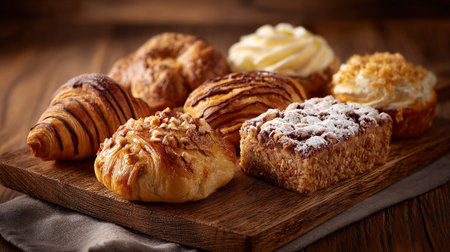 Delectable Assortment of Pastries Arranged on Wooden Board, Illuminated by Warm Lightingの素材