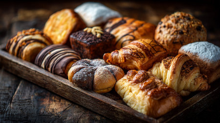 An Assortment of Delicious Pastries Displayed on a Rustic Wooden Trayの素材