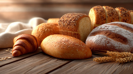 Assortment of Freshly Baked Bread Displayed on a Rustic Wooden Surfaceの素材
