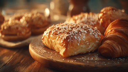 Golden pastries on wood board, artisan baked goods tantalizing aroma.の素材