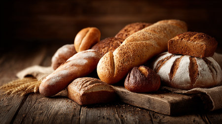 Delicious Assortment of Freshly Baked Bread Displayed on Rustic Wooden Surfaceの素材
