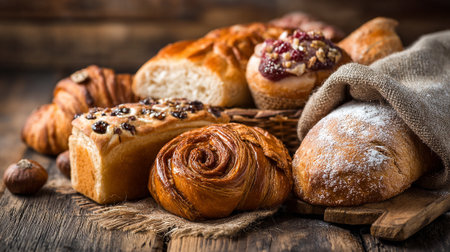 Tempting assortment of freshly baked breads and pastries on rustic wooden surfaceの素材
