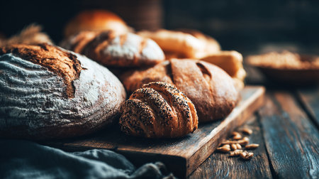 Fresh Baked Bread Assortment on Rustic Wooden Surface Ready for Delicious Mealsの素材