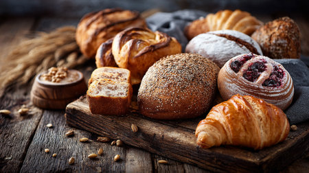 Rustic bakery assortment on a wooden board displaying different artisanal breads.の素材
