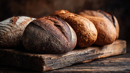 Fresh Artisan Loaves on a Rustic Wooden Boardの素材