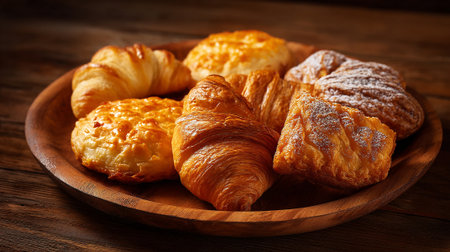Golden Delicious Croissants and Pastries on a Wooden Plate Ready to Eatの素材