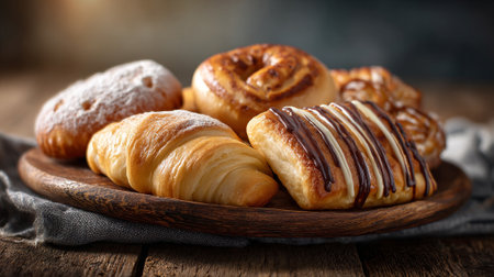 Delicious Pastries Assortment Displayed on Rustic Wooden Plate, Baked to Perfectionの素材