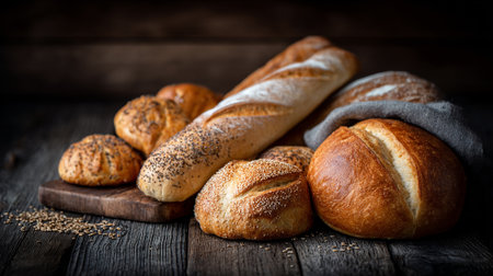 Artisan Breads Displayed on Rustic Wooden Surface with Natural Lightingの素材